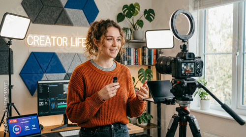 Influencer grabando contenido con cámara en casa, concepto de creación digital.