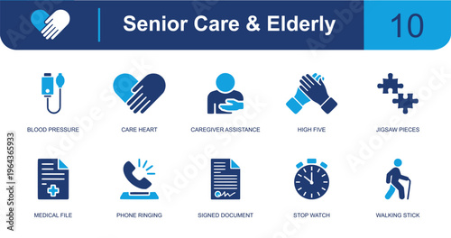 Senior care and elderly icon set. Containing blood pressure, care heart, caregiver, medical file, phone, document, walking stick, stopwatch, puzzle and more. Solid fill vector icons.