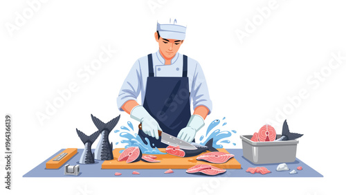 Artisanal Precision: A skilled culinary expert meticulously prepares fresh seafood, employing precise techniques to showcase the art of fish cutting.