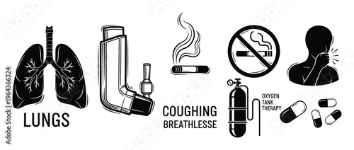 Lung health vector illustration with lungs, inhaler, smoking, coughing, oxygen therapy and pills. Respiratory system health