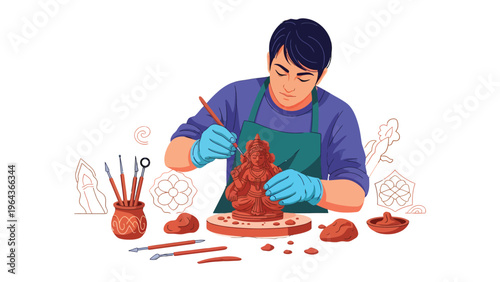 Craftsman at Work: A skilled artisan, clad in an apron and gloves, delicately sculpts clay, showcasing creativity and the artistry of manual labor.