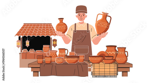 Artisan's Artistic Showcase: A skilled artisan, displaying his collection of handmade pottery with pride, invites admiration for his detailed craftsmanship.