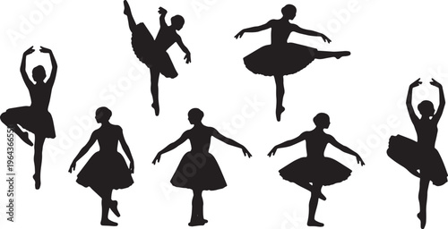 Black Solid Ballet Chasse Glissade Silhouettes Set of Six on White Background