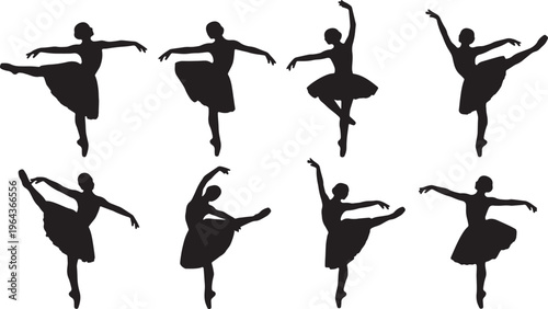 Black Solid Ballet Chasse Glissade Silhouettes Set of Six on White Background