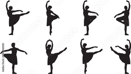 Black Solid Ballet Plie Silhouettes Set of Six on White Background