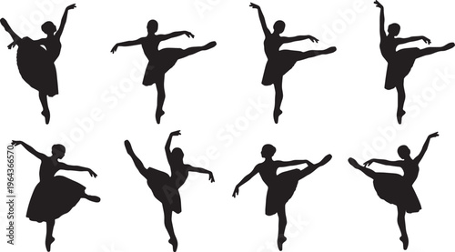 Black Solid Ballet Chasse Glissade Silhouettes Set of Six on White Background