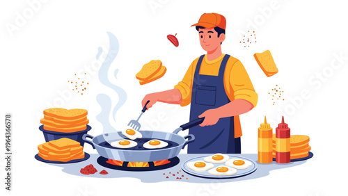 Culinary Maestro at Work: A skilled cook meticulously prepares a delectable breakfast, flipping eggs with practiced ease and surrounded by a symphony of breakfast ingredients.
