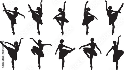 Black Solid Ballet Releve eleve Silhouettes Set of Six on White Background