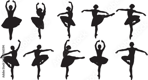 Black Solid Ballet Releve eleve Silhouettes Set of Six on White Background