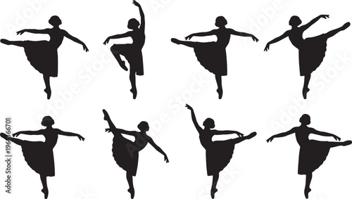 Black Solid Ballet Balance Pas de Basque Silhouettes Set of Six on White Background