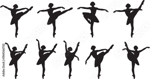 Black Solid Ballet Tendu Degage Silhouettes Set of Six on White Background