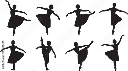 Black Solid Ballet Balance Pas de Basque Silhouettes Set of Six on White Background