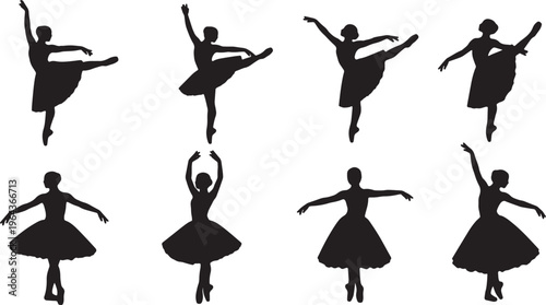 Black Solid Ballet Fouette Pirouette Silhouettes Set of Six on White Background
