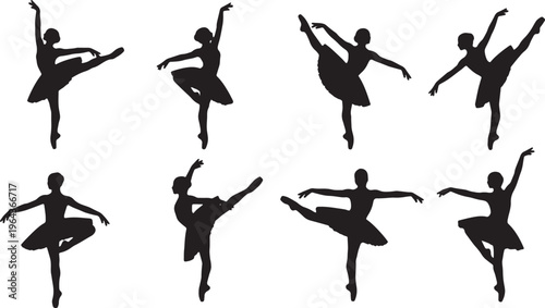 Black Solid Ballet Tendu Degage Silhouettes Set of Six on White Background