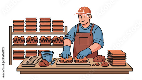 Artisan's Craft in Action: A skilled artisan meticulously molds clay with focused precision at a pottery studio or workshop. The scene showcases traditional craftsmanship.