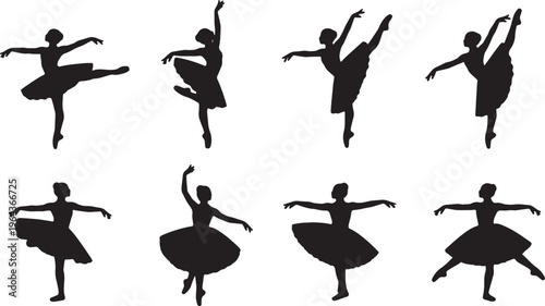 Black Solid Ballet Fouette Pirouette Silhouettes Set of Six on White Background