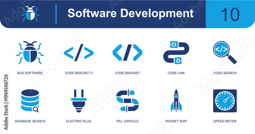 Software development icon set. Containing bug, code brackets, code link, code search, database search, plug, rocket, speed meter, programming symbols and more. Solid fill vector icons.