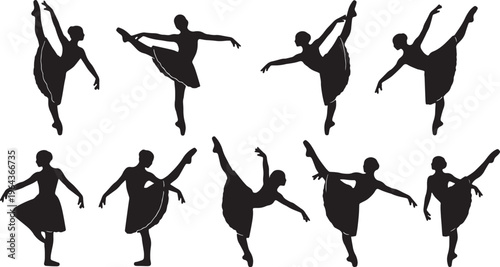 Black Solid Ballet Rond de Jambe Silhouettes Set of Six on White Background