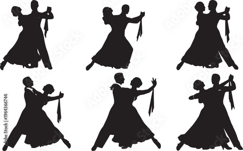 Black Solid Ballroom Dance Silhouettes Set of Six on White Background