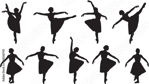 Black Solid Ballet Balance Pas de Basque Silhouettes Set of Six on White Background