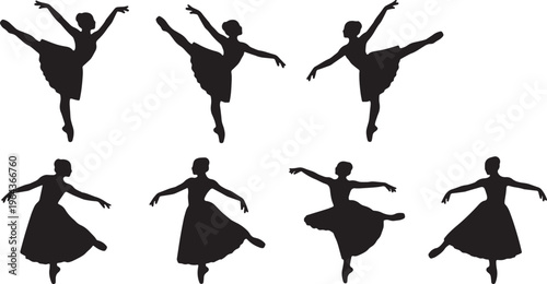 Black Solid Ballet Fouette Pirouette Silhouettes Set of Six on White Background