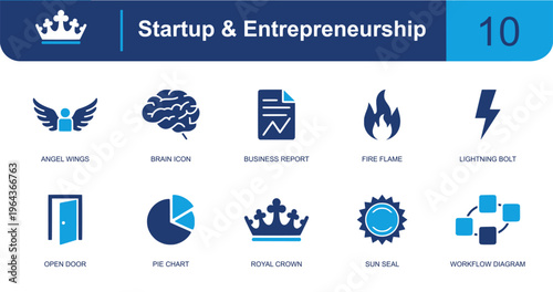 Startup and entrepreneurship icon set. Containing angel wings, brain, business report, fire flame, lightning bolt, open door, pie chart, workflow, crown and more. Solid fill vector icons.