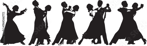 Black Solid Ballroom Dance Silhouettes Set of Six on White Background
