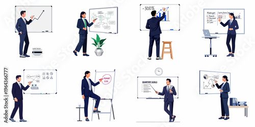 Collection of business professionals in suits giving presentations using whiteboards and flip charts, illustrating corporate strategies and financial growth.