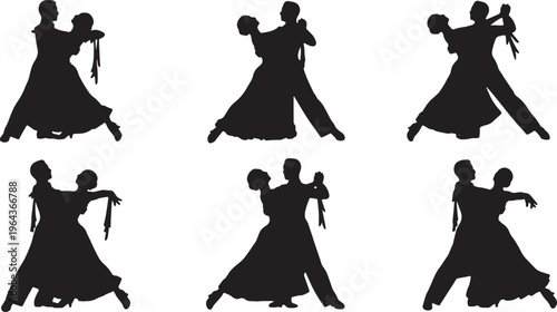 Black Solid Ballroom Dance Silhouettes Set of Six on White Background