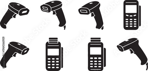 Black Solid Barcode Scanner Silhouettes Set of Six on White Background