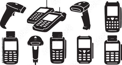 Black Solid Barcode Scanner Silhouettes Set of Six on White Background