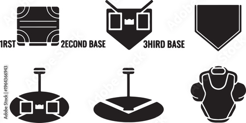 Black Solid Baseball Bases Silhouettes Set of Six on White Background