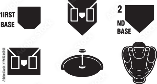 Black Solid Baseball Bases Silhouettes Set of Six on White Background