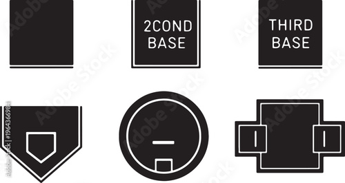 Black Solid Baseball Bases Silhouettes Set of Six on White Background