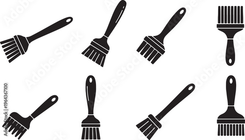 Black Solid Basting Cleaning Brushes Silhouettes Set of Six on White Background
