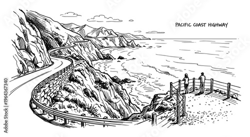 Pacific Coast Highway scenery vector illustration with road and ocean views, people standing on observation point