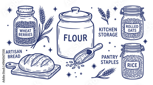 Pantry staples illustration: flour, rolled oats, wheat berries, rice, artisan bread and kitchen storage