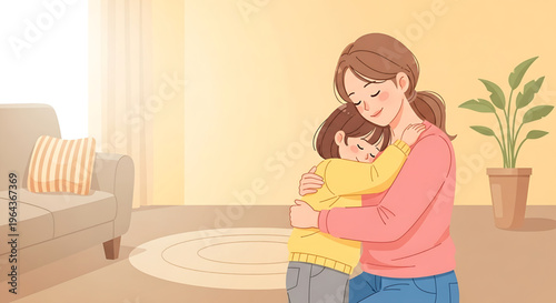 A heartwarming illustration captures the tender embrace of a loving mother and her child, symbolizing the unbreakable family bond and the comfort of home