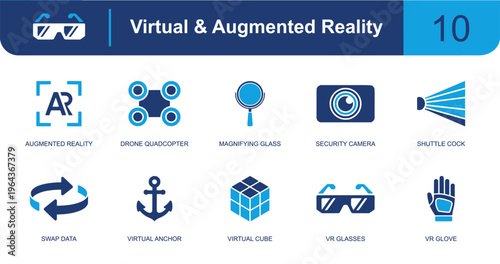Virtual and augmented reality icon set. Containing AR frame, drone, magnifier, security camera, data swap, virtual cube, VR glasses, VR glove, anchor and more. Solid fill vector icons.