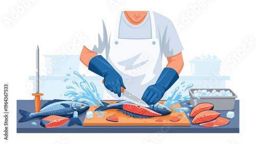 Fishmonger's Precision: A skilled fishmonger expertly fillets a fresh fish, showcasing the art of seafood preparation and culinary expertise. 