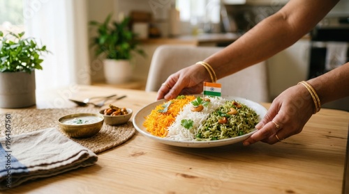 Traditional Indian meal served on wooden table with flag decoration