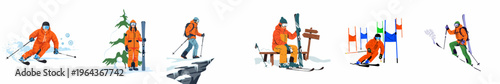 Collection of flat vector illustrations depicting various skiing activities, including downhill racing, backcountry touring, and resting in a snowy mountain landscape.