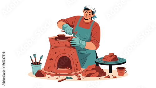 Crafting Craftsmanship: A artisan, immersed in their craft, meticulously shapes a clay creation, surrounded by their tools and materials, embodying the art of pottery.