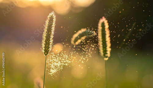 Pollen dispersal from timothy grass in a meadow on a sunny day.