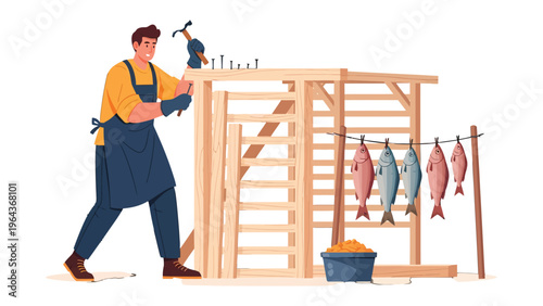 Crafting the Catch: A man diligently works on constructing a rustic wooden fish drying rack, showcasing craftsmanship and resourcefulness, with freshly caught fish hanging nearby.