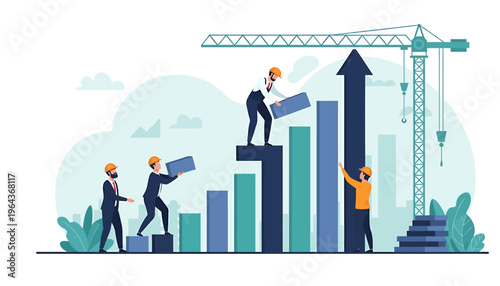 Business growth concept with people building a bar chart.