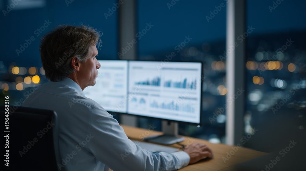Fototapeta premium Compliance officer analyzing automated regulatory reports on transparent display screens, financial institution office, AI-powered risk assessment dashboards, modern corporate setting, ideal for fin