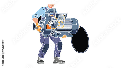 The Heavy Lift: A skilled technician diligently carries a massive industrial machine component, embodying strength, precision, and the dedication of the industry. 