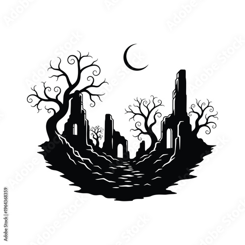 Black silhouette of old ruins landscape.