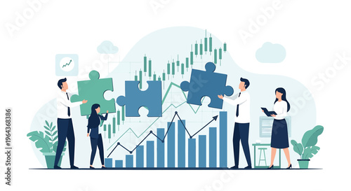 Business team assembling puzzle pieces representing financial growth and strategy.